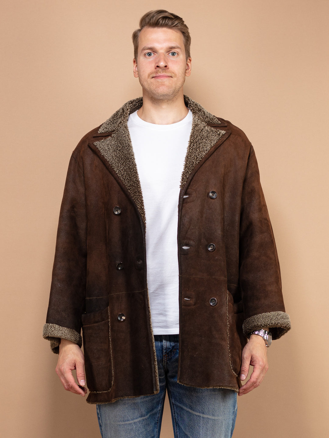 Vintage 90's Men Sheepskin Suede Coat in Brown - NorthernGrip