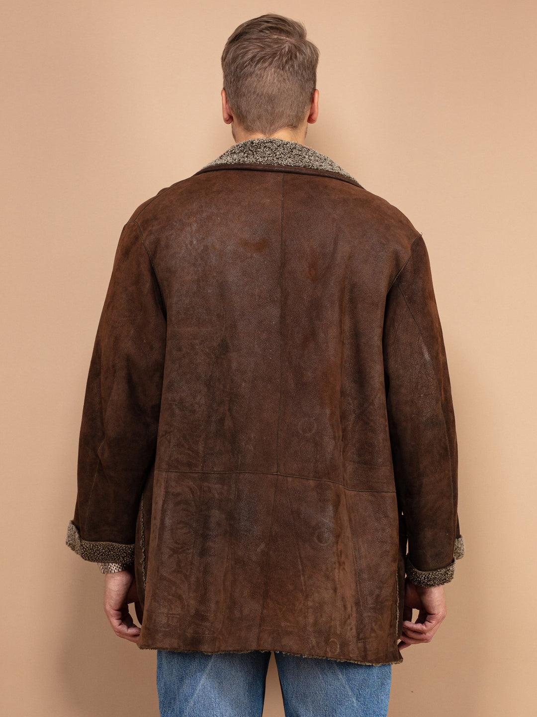 Vintage 90's Men Sheepskin Suede Coat in Brown - NorthernGrip