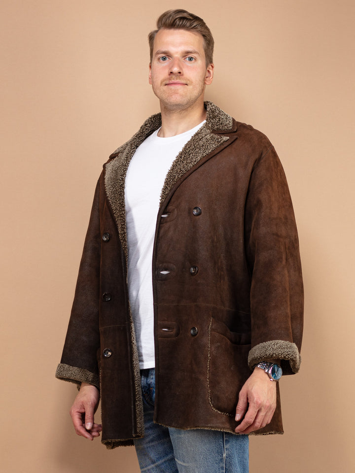 Vintage 90's Men Sheepskin Suede Coat in Brown - NorthernGrip