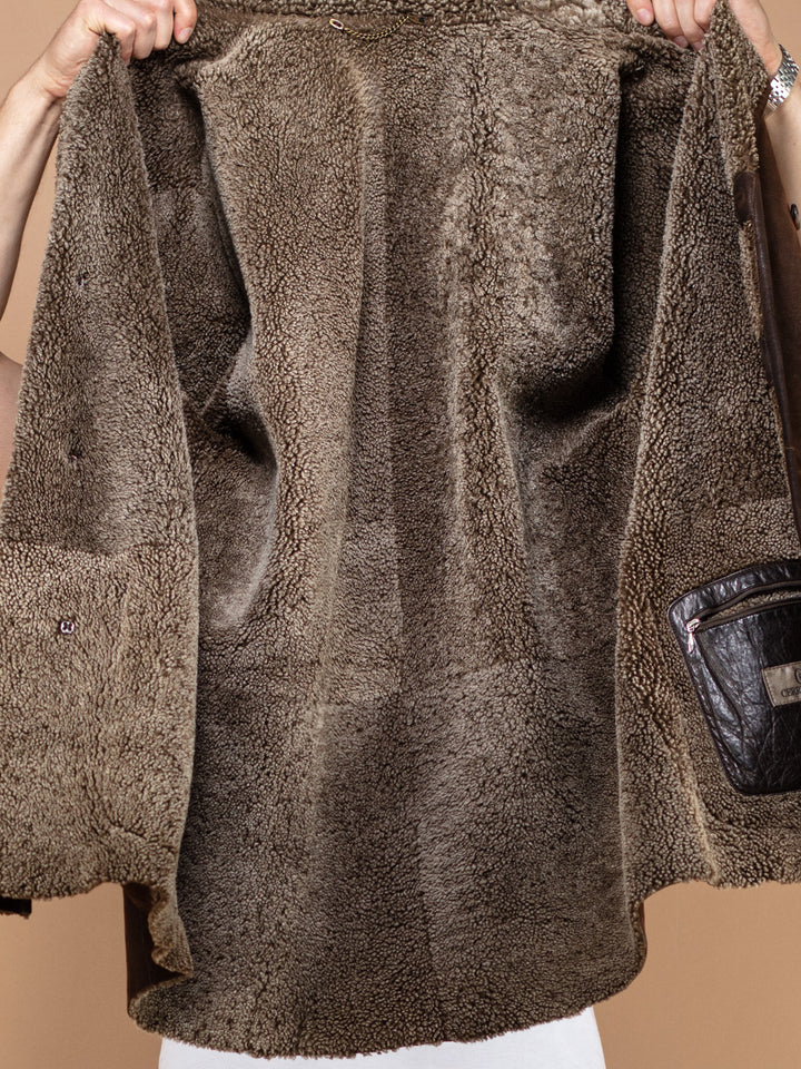 Vintage 90's Men Sheepskin Suede Coat in Brown - NorthernGrip