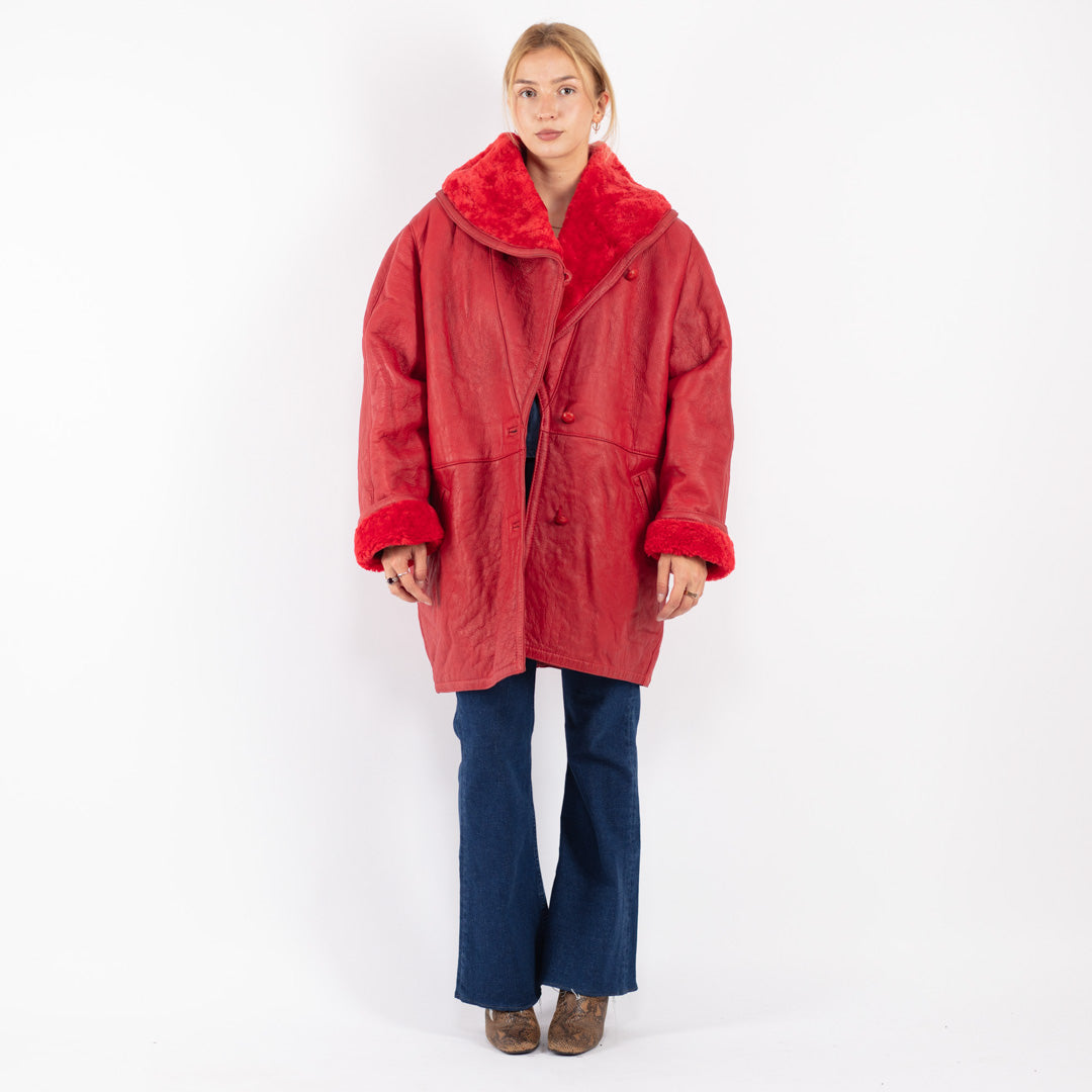 Vintage 80's Women Sheepskin Coat in Red