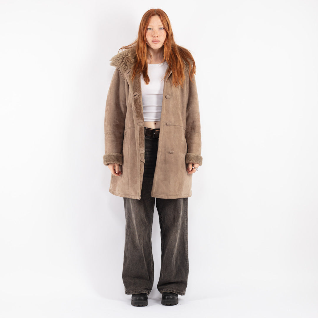 Vintage 90's Women Sheepskin Shearling Coat in Beige