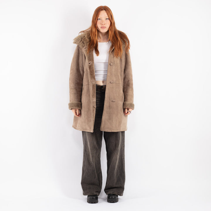 Vintage 90's Women Sheepskin Shearling Coat in Beige