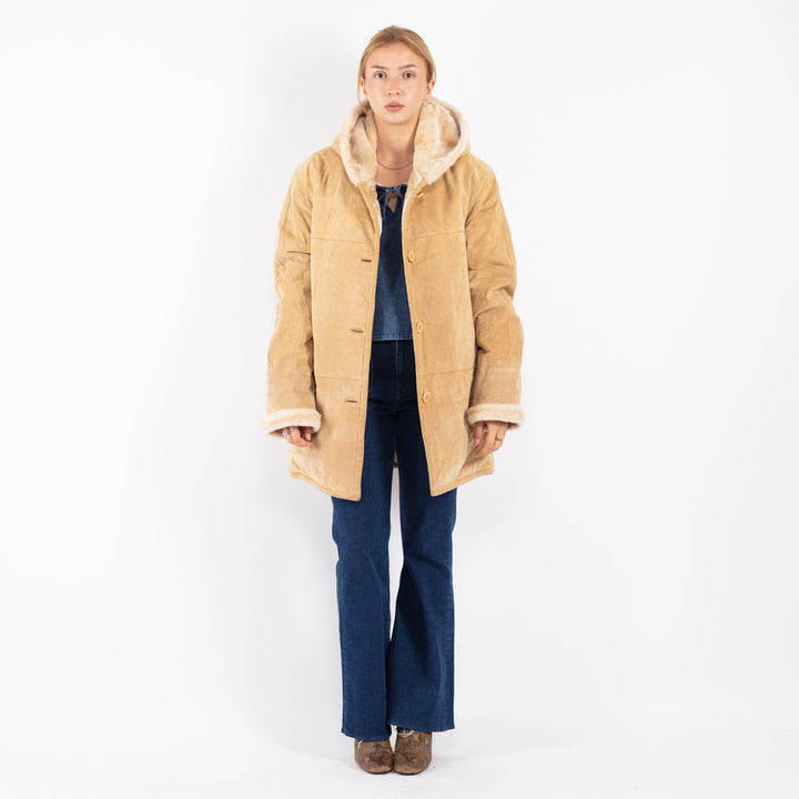 Vintage 90's Women Suede Sherpa Coat in Beige