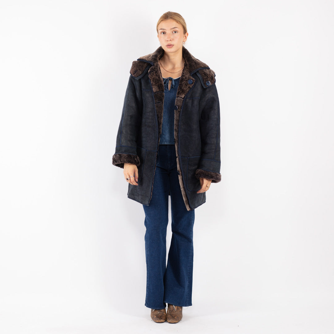 Vintage 70's Women Sheepskin Coat in Blue