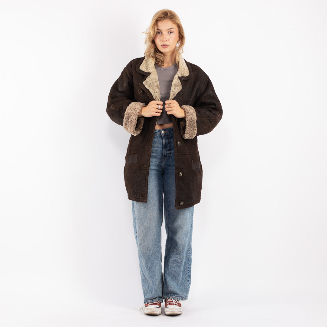 Vintage 90's Women Sheepskin Coat in Brown