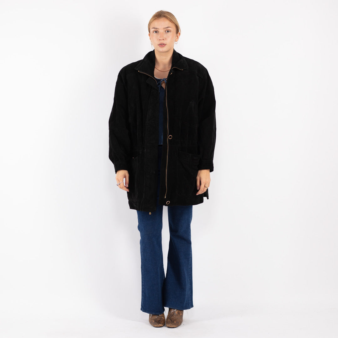 Vintage 90's Women Suede Coat in Black