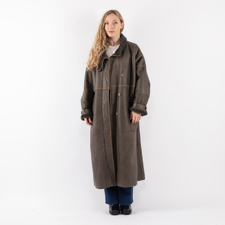 Vintage 80's Women Sheepskin Shearling Coat in Green