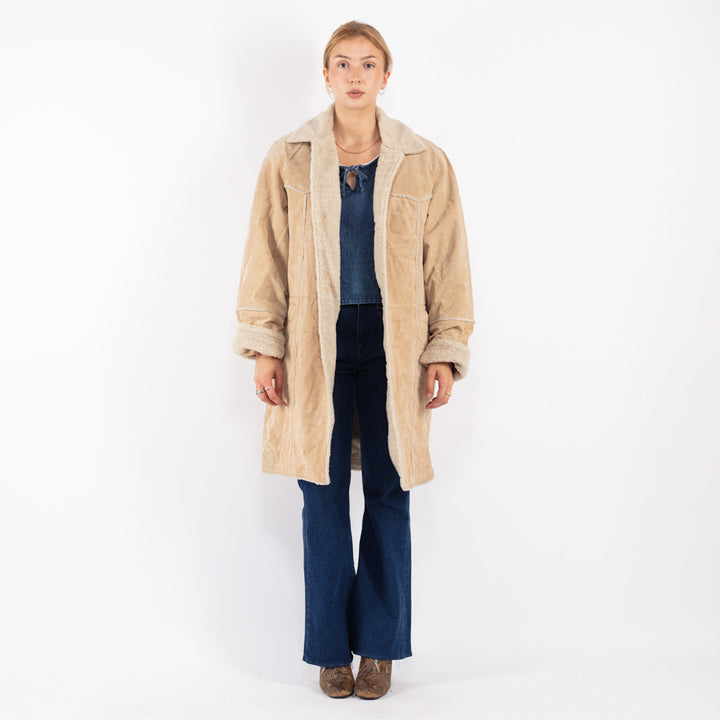 Vintage 90's Women Suede Sherpa Coat in Beige