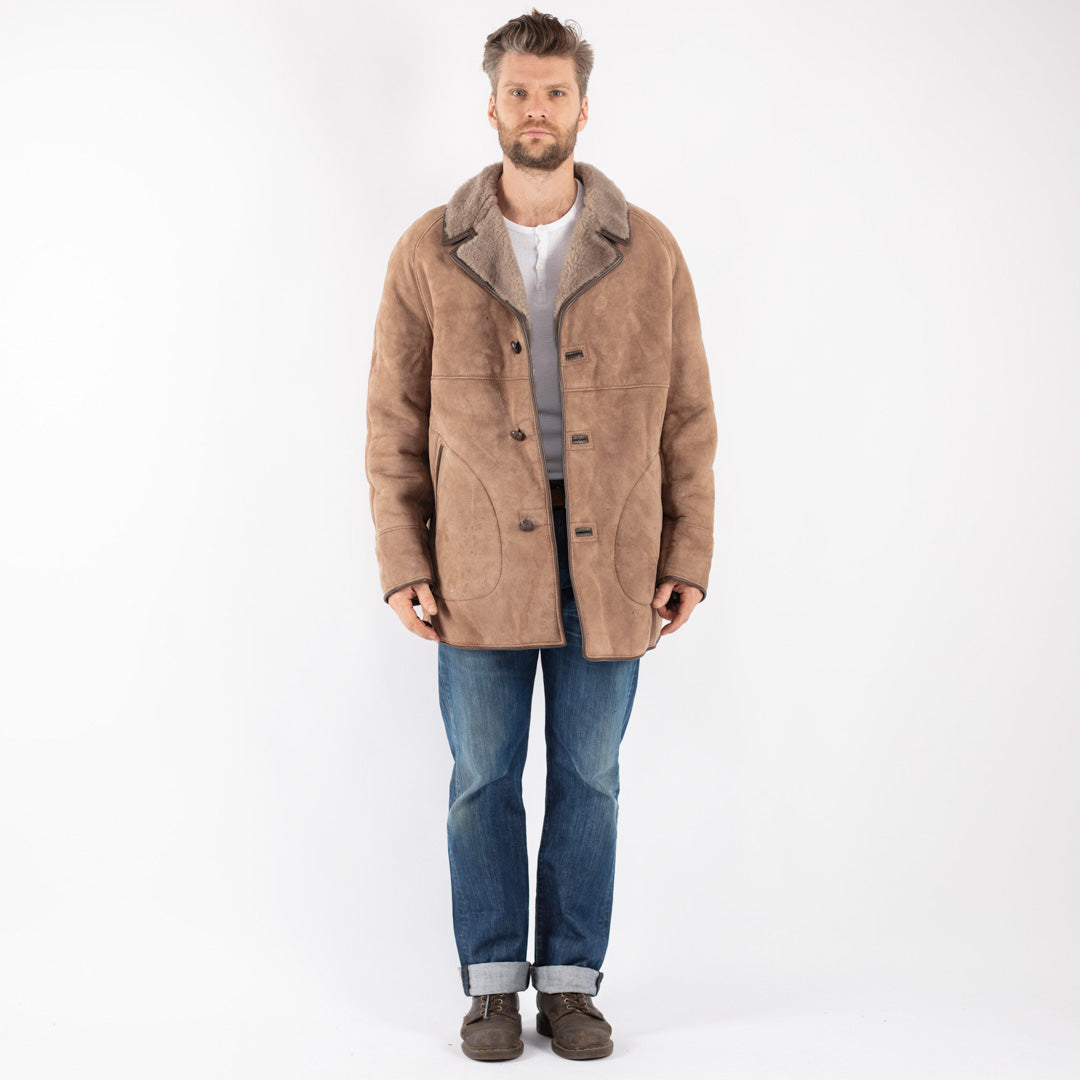 Vintage 90's Men Sheepskin Coat in Beige