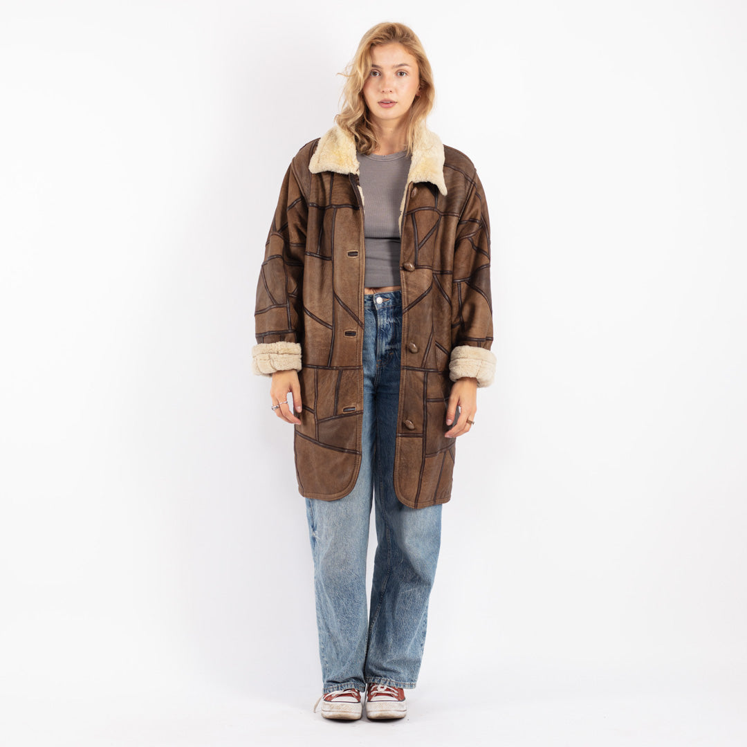 Vintage 90's Women Oversized Shearling Coat in Brown