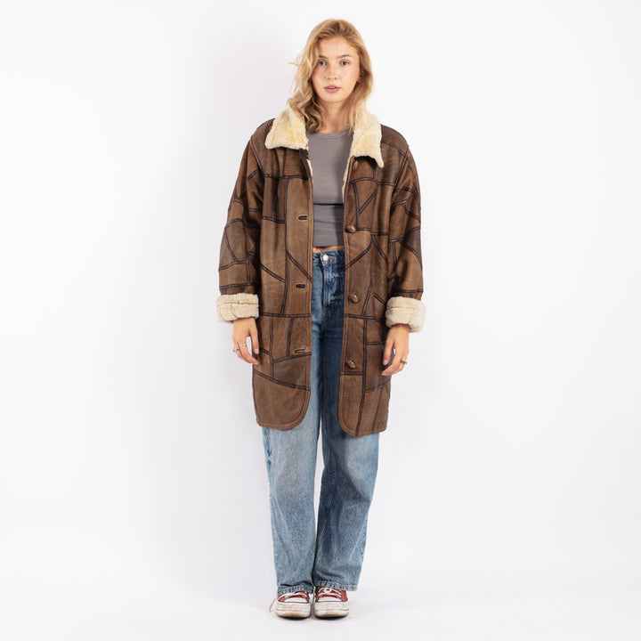 Vintage 90's Women Oversized Shearling Coat in Brown