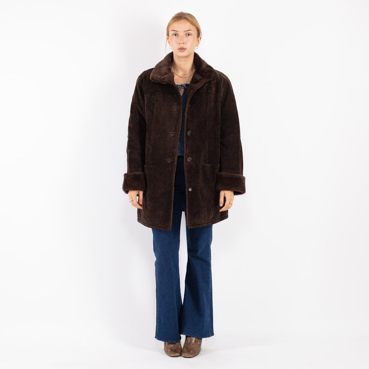 Vintage 90's Women Suede Sherpa Coat in Brown