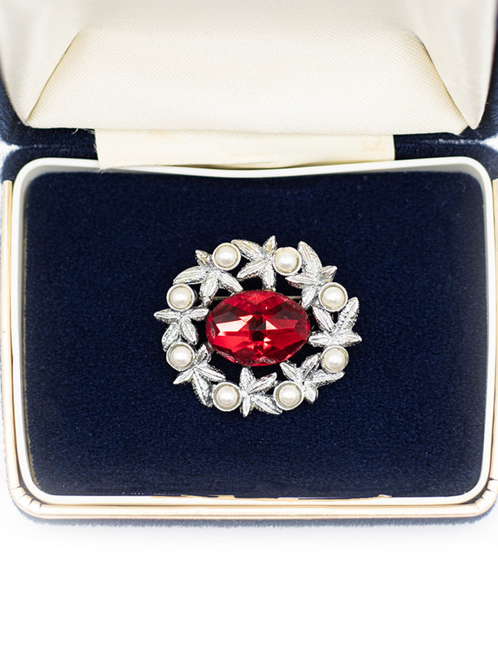 Vintage 60's Ruby Red Rhinestone & Faux Pearl Wreath Brooch