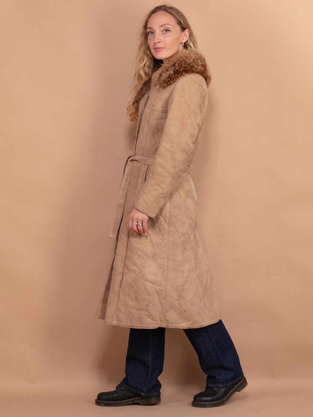 Vintage 70's Women Belted Sheepskin Longline Coat in Beige - NorthernGrip