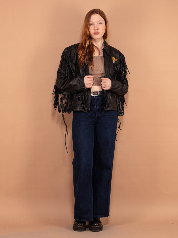 Vintage 00's Women Fringe Leather Moto Jacket in Black - NorthernGrip
