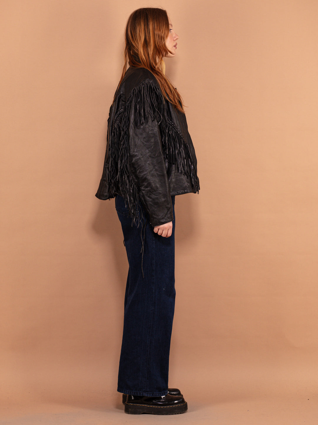 Vintage 00's Women Fringe Leather Moto Jacket in Black - NorthernGrip