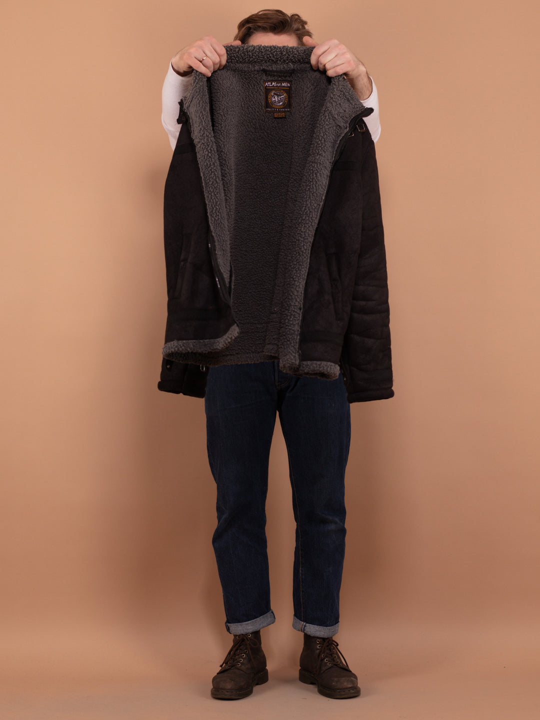 Vintage 00's Men Faux Sheepskin Jacket in Black - NorthernGrip