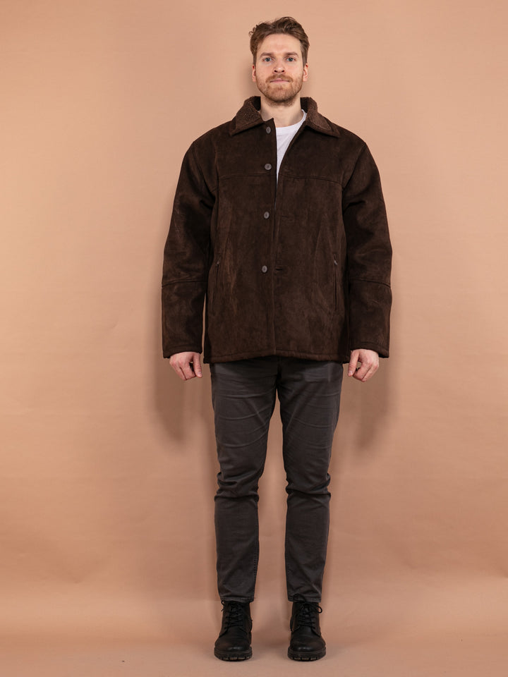 Vintage 00's Men Faux Sheepskin Coat in Dark Brown - NorthernGrip