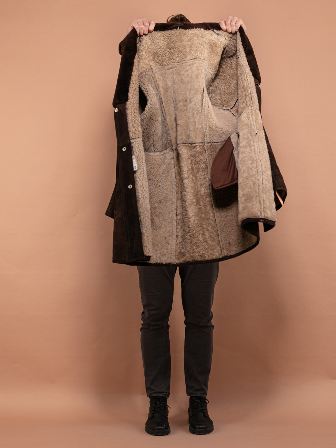 Vintage 70's Men Sheepskin Suede Coat in Dark Brown - NorthernGrip