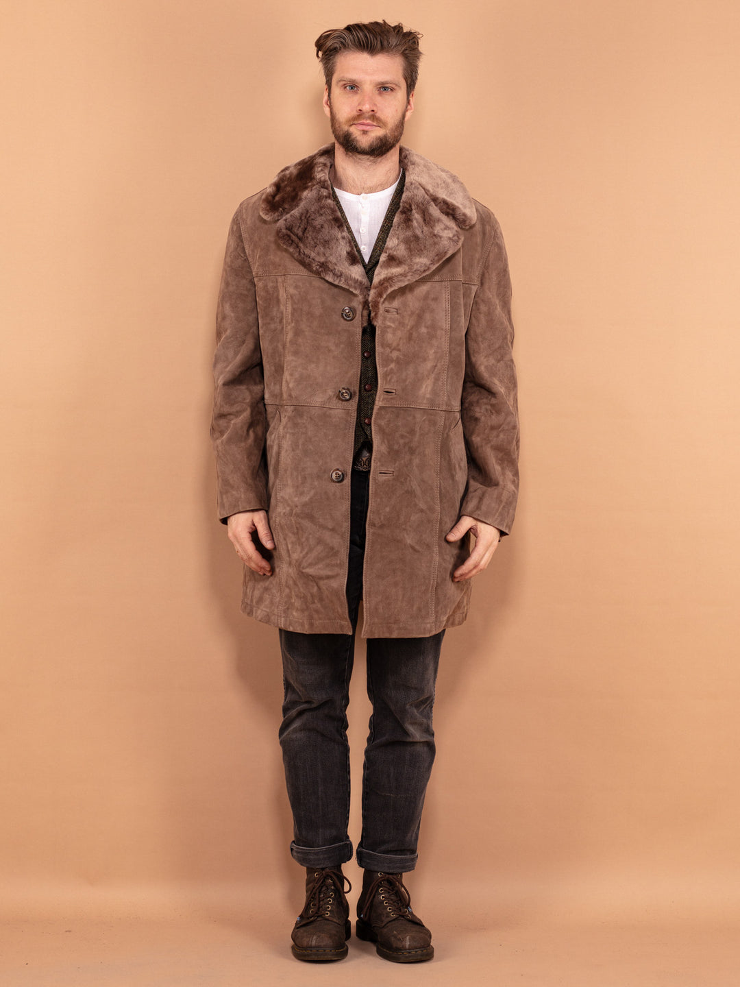 Vintage 70's Men Faux Sheepskin Coat in Pale Brown - NorthernGrip