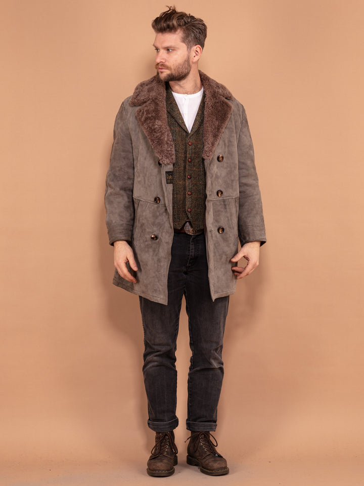 Vintage 70's Men Sheepskin Suede Coat in Grey - NorthernGrip