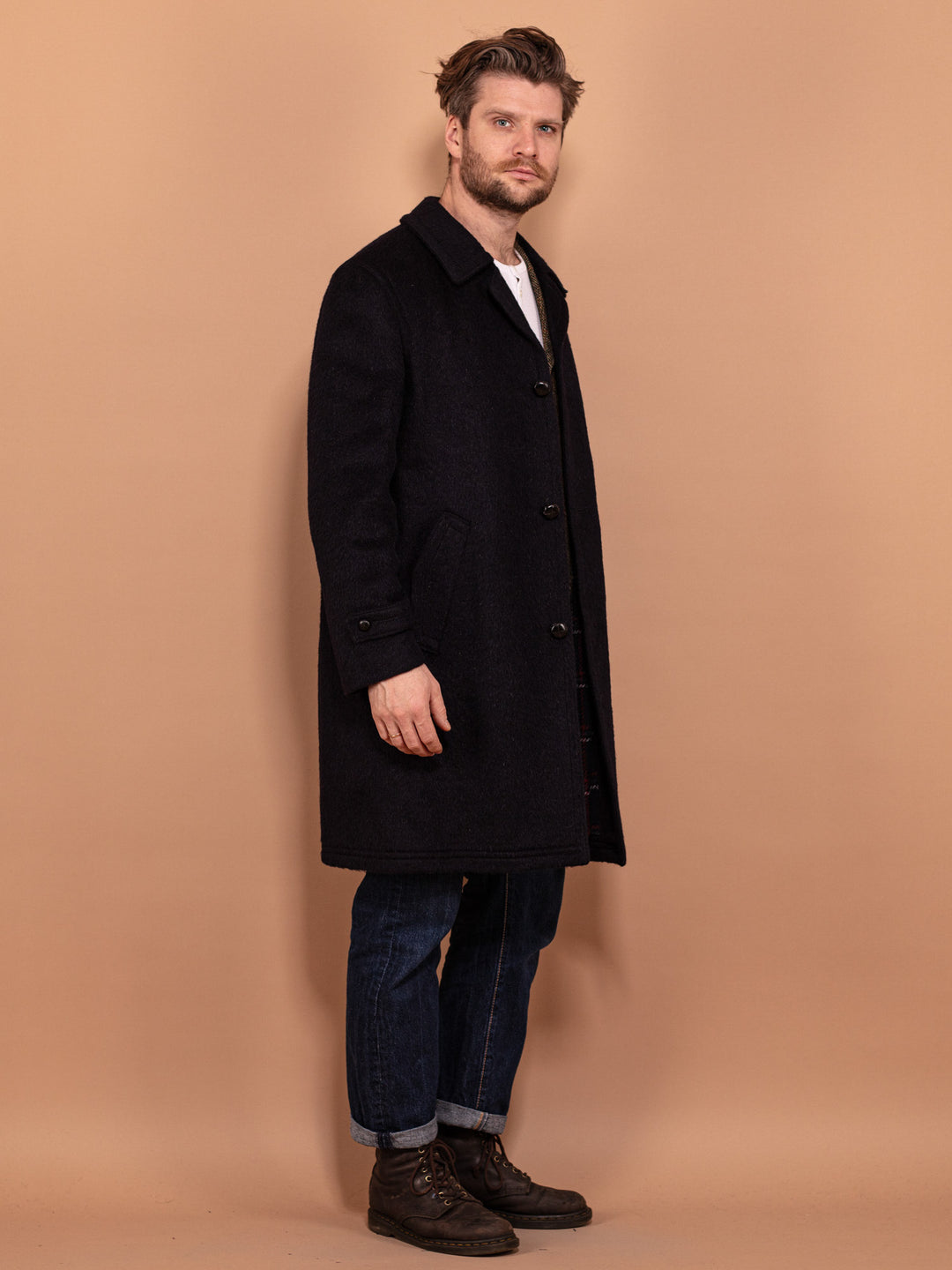 Vintage 70's Men Llama Wool Coat in Navy Blue - NorthernGrip