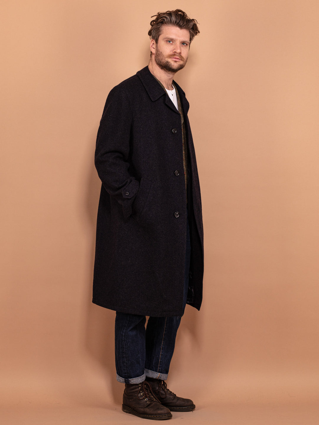 Vintage 70's Men Long Wool Coat in Dark Grey - NorthernGrip
