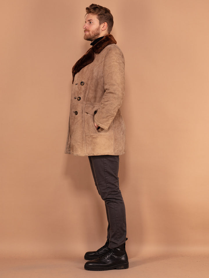 Vintage 70's Men Sheepskin Suede Coat in Beige - NorthernGrip