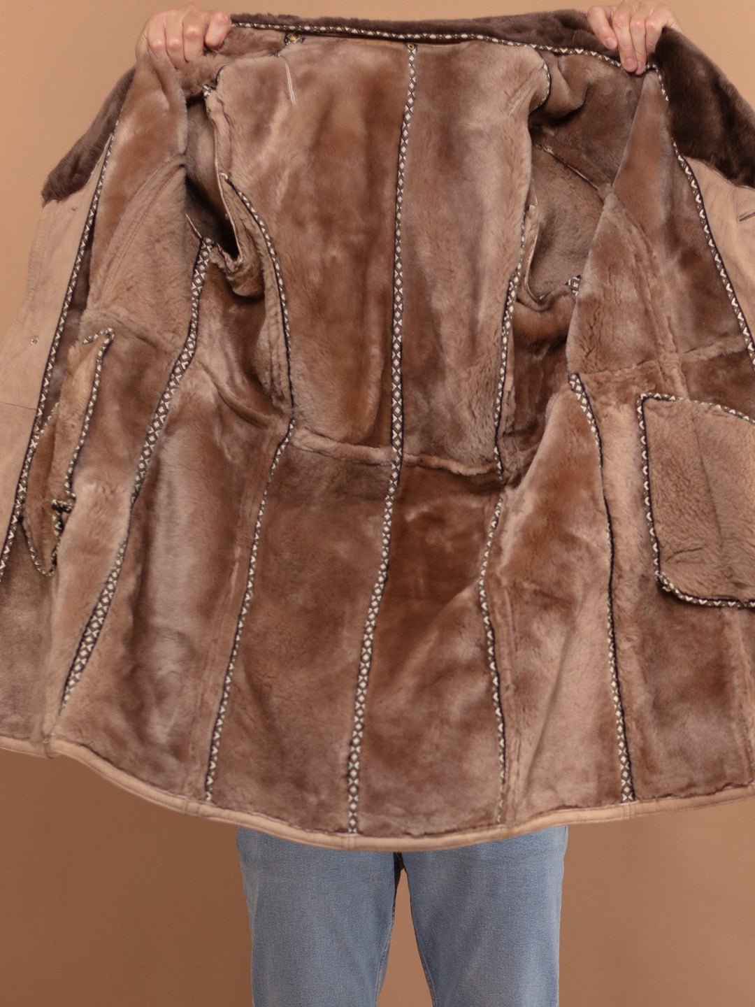 Vintage 70's Men Sheepskin Suede Coat in Beige - NorthernGrip