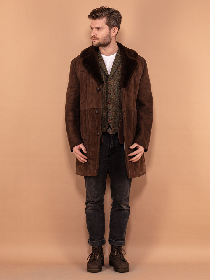 Vintage 70's Men Sheepskin Suede Coat in Brown - NorthernGrip