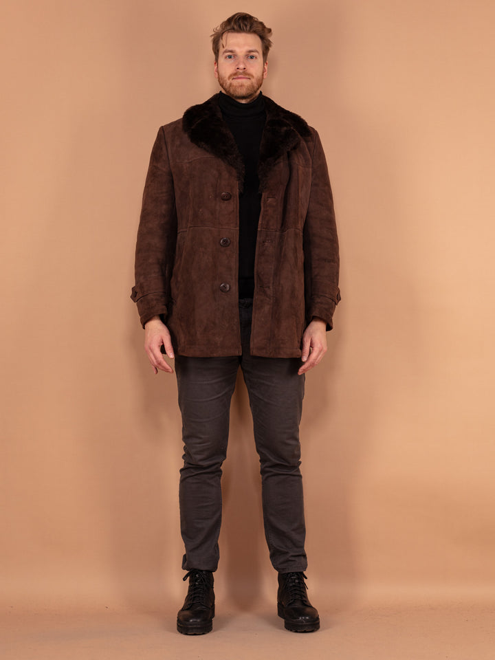 Vintage 70's Men Sheepskin Suede Coat in Dark Brown - NorthernGrip