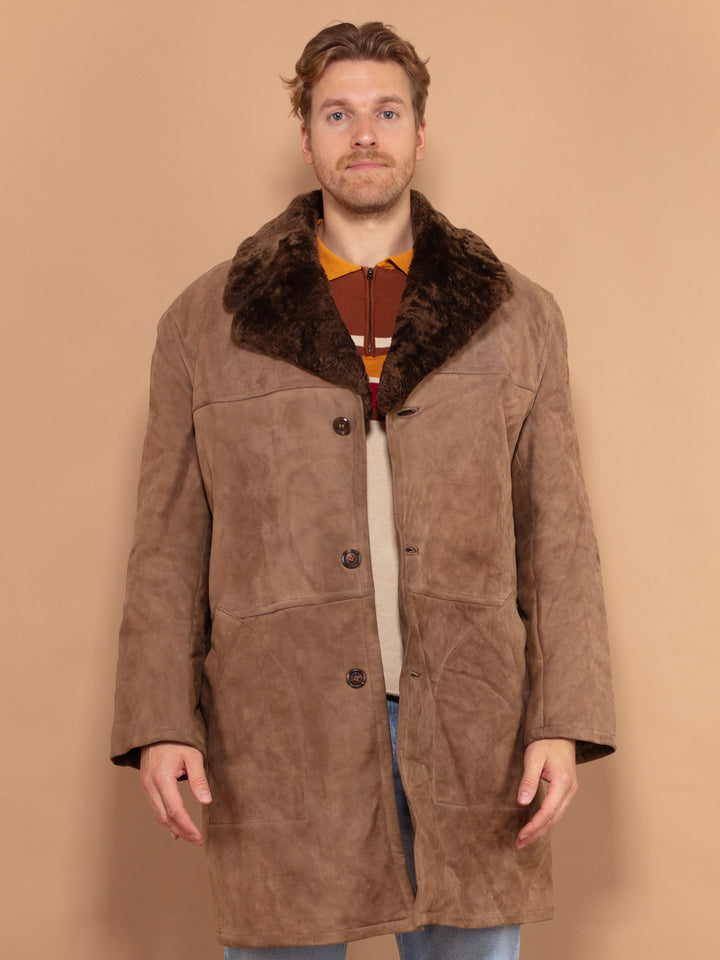 Vintage 70's Men Shearling Suede Coat in Brown - NorthernGrip