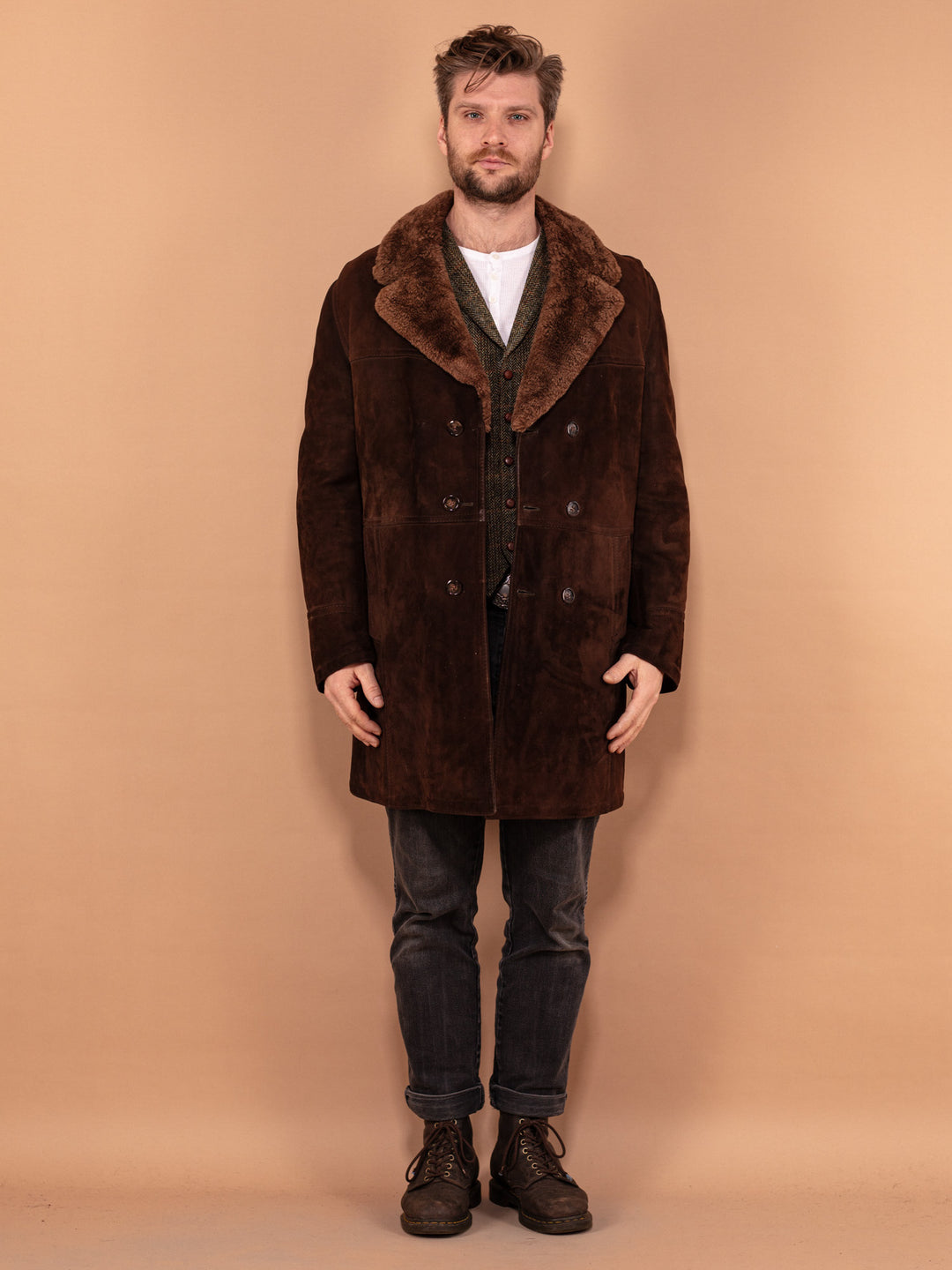 Vintage 70's Men Sheepskin Suede Coat in Brown - NorthernGrip