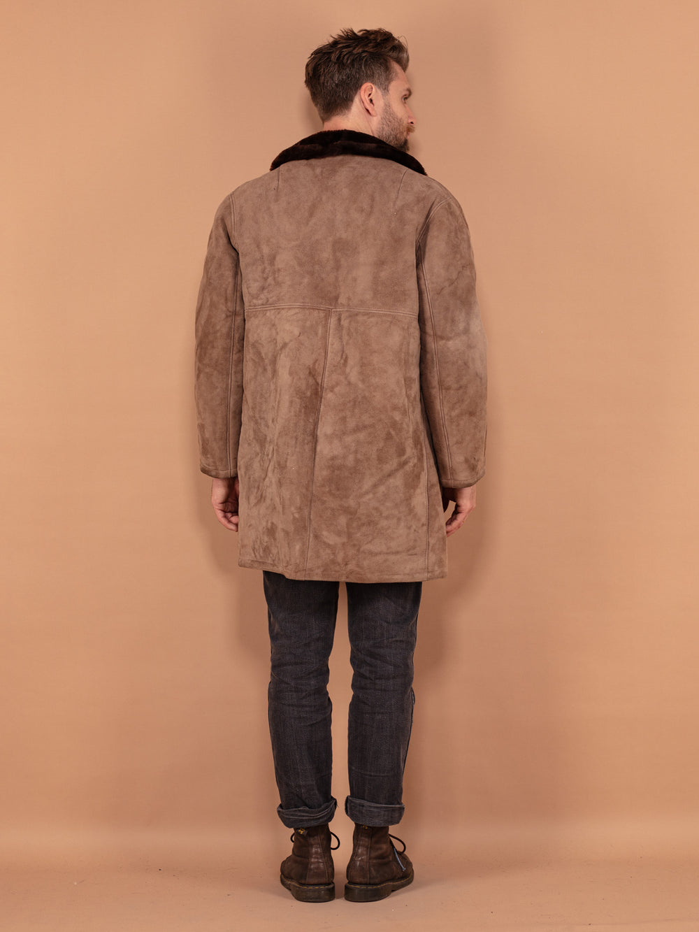 Vintage 70's Men Sheepskin Suede Coat in Brown - NorthernGrip