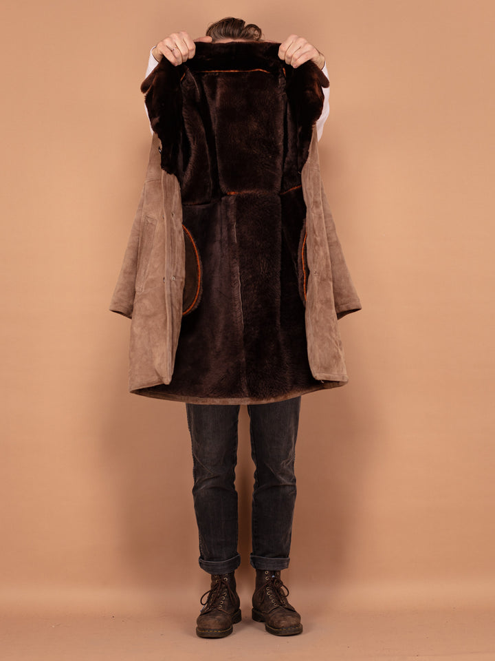 Vintage 70's Men Sheepskin Suede Coat in Brown - NorthernGrip