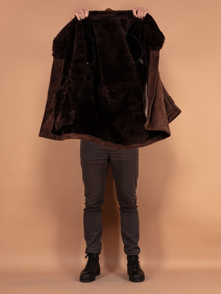 Vintage 70's Men Sheepskin Suede Coat in Dark Brown - NorthernGrip