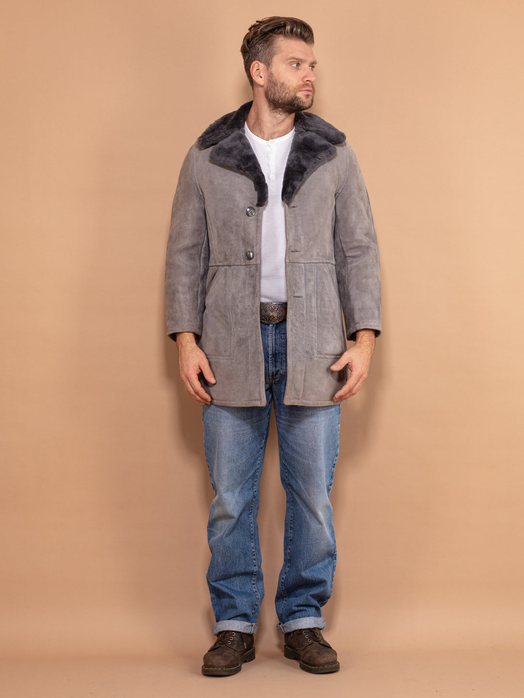 Vintage 70's Men Sheepskin Suede Coat in Grey - NorthernGrip