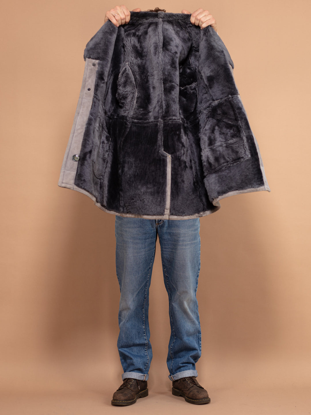 Vintage 70's Men Sheepskin Suede Coat in Grey - NorthernGrip