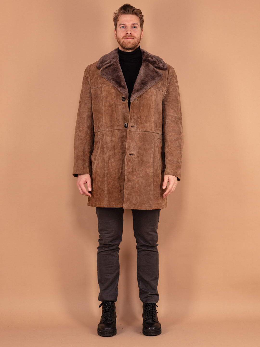 Vintage 70's Men Sherpa Lined Suede Coat in Brown - NorthernGrip