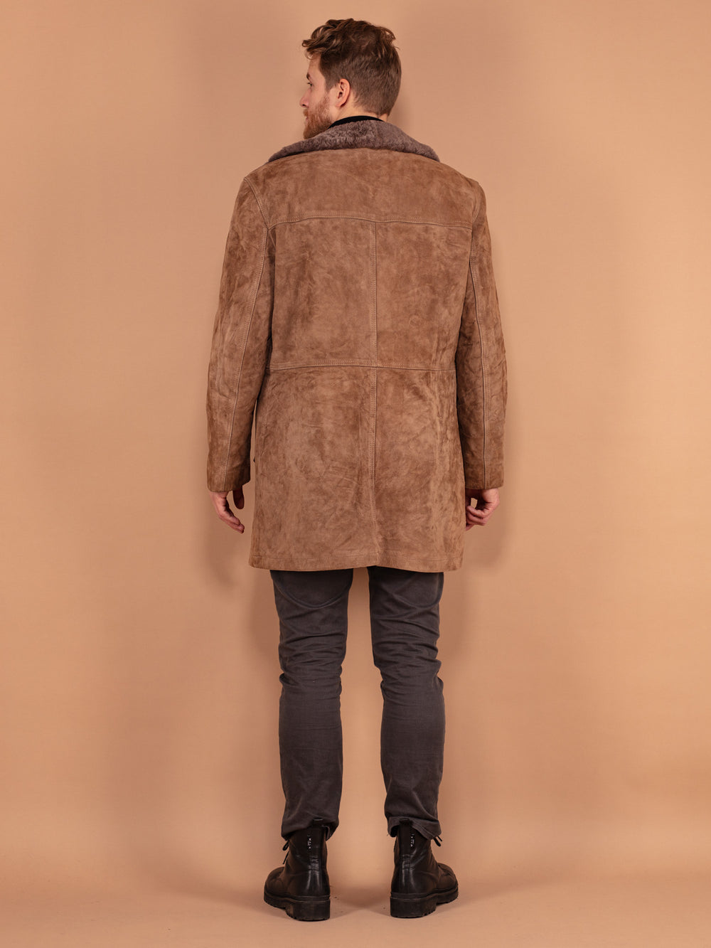 Vintage 70's Men Sherpa Lined Suede Coat in Brown - NorthernGrip
