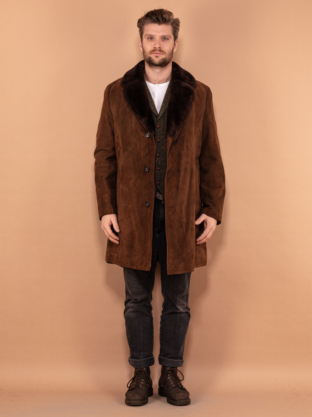 Vintage 70's Men Suede Sherpa Coat in Brown - NorthernGrip