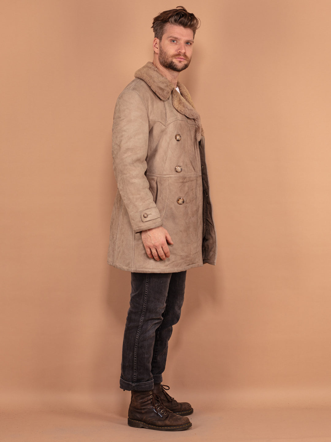 Vintage 70's Men Western Sheepskin Coat in Beige - NorthernGrip