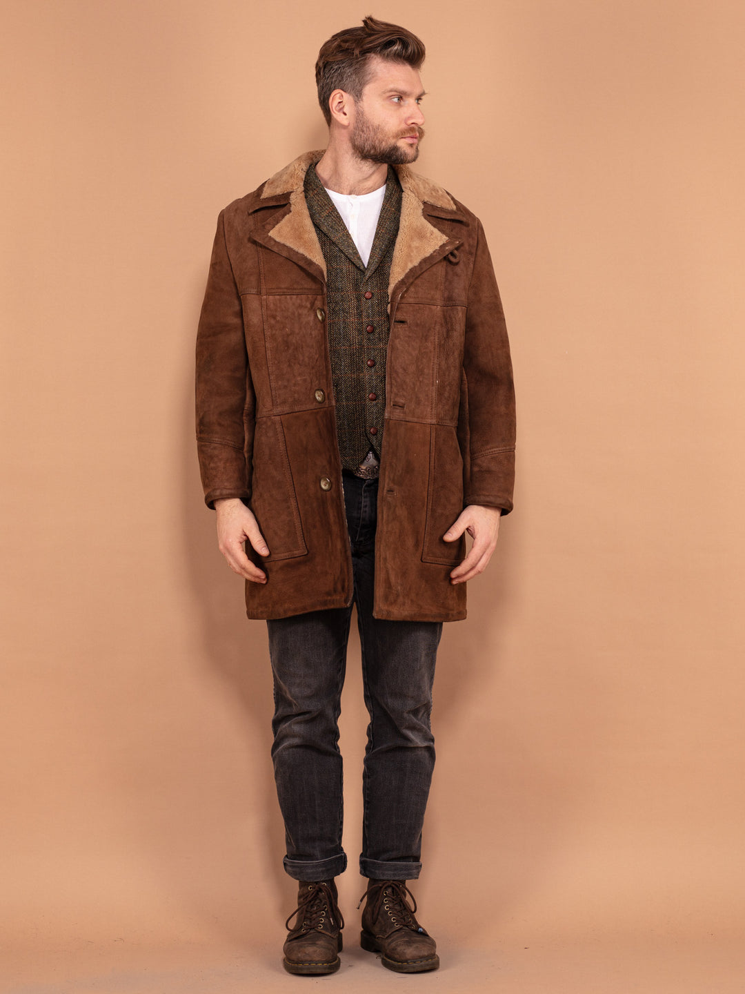 Vintage 70's Men Western Sheepskin Coat in Brown - NorthernGrip