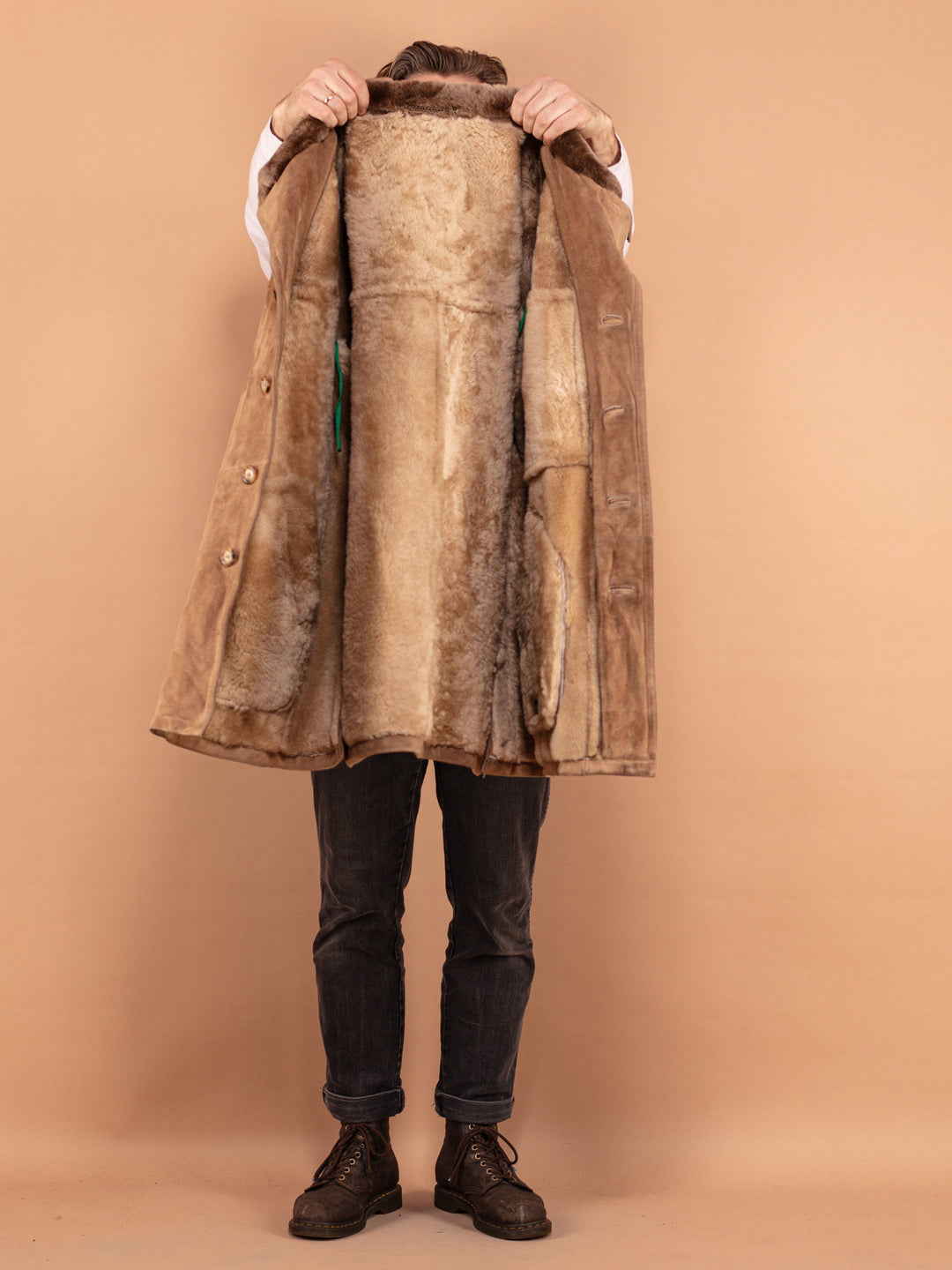 Vintage 70's Men Sheepskin Suede Coat in Beige - NorthernGrip