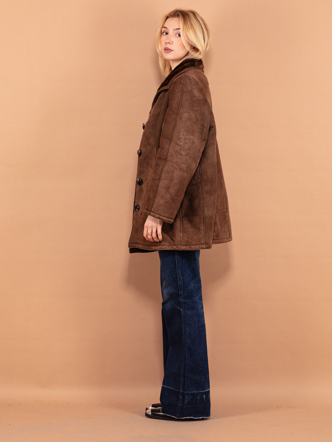 Vintage 70's Women Sheepskin Suede Coat in Brown - NorthernGrip