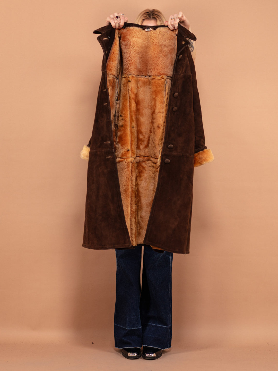Vintage 70's Women Heavy Sheepskin Coat in Brown - NorthernGrip
