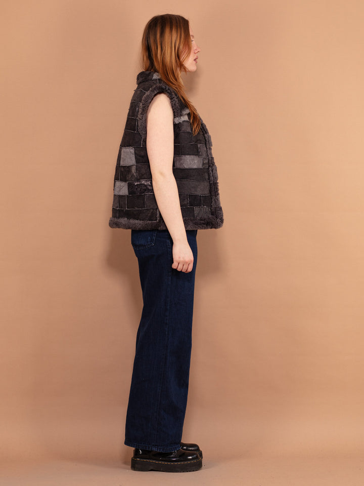 Vintage 70's Women Patchwork Sheepskin Vest in Grey - NorthernGrip