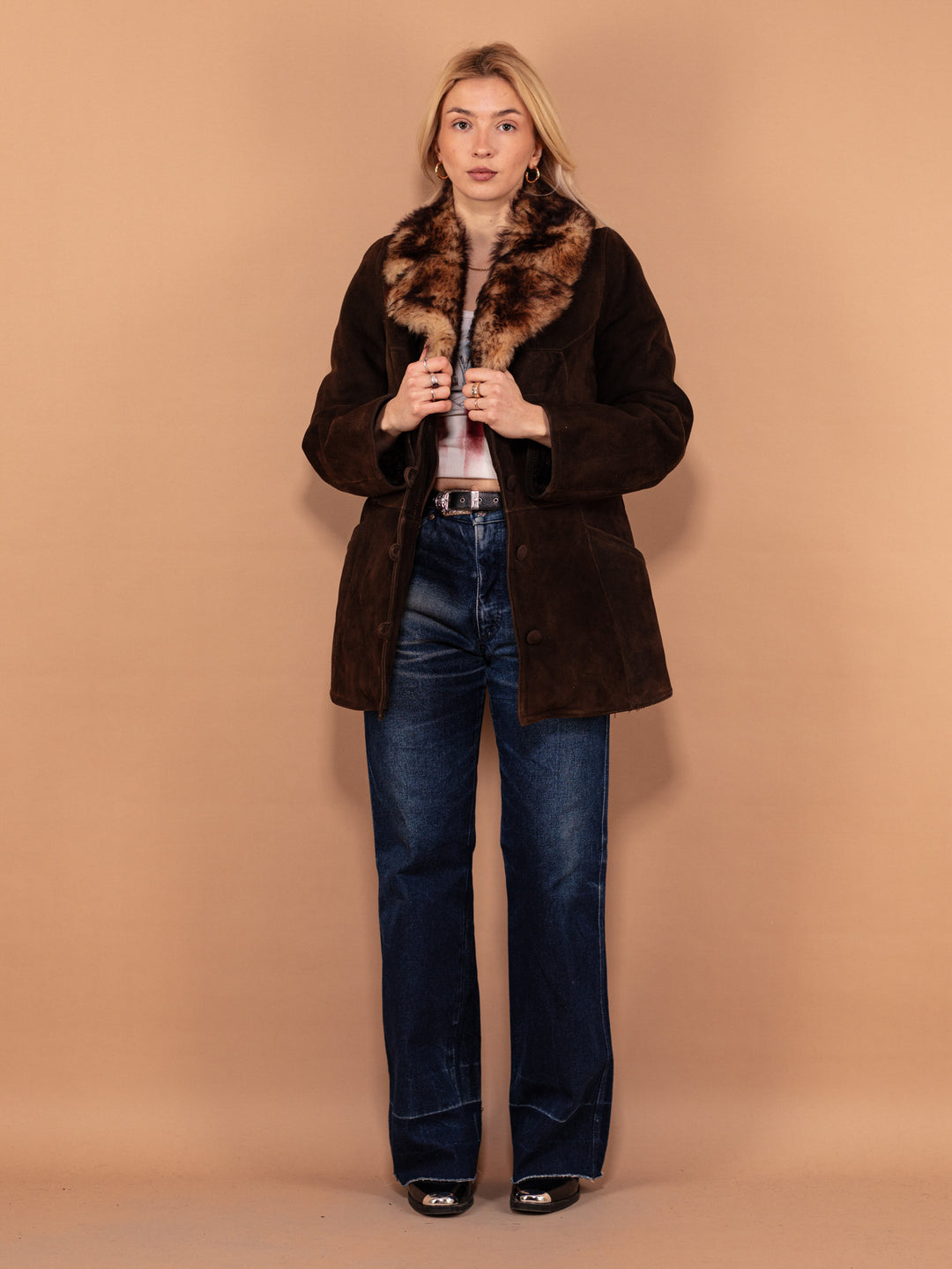 Vintage 70's Women Fur Collar Sheepskin Coat in Brown - NorthernGrip