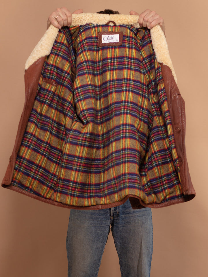 Vintage 80's Men Wool Collar Leather Coat in Brown - NorthernGrip